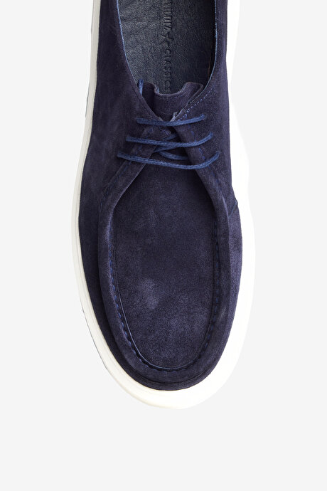 %100 Deri Rahat Taban Spor Sneaker Lacivert Ayakkabı resmi