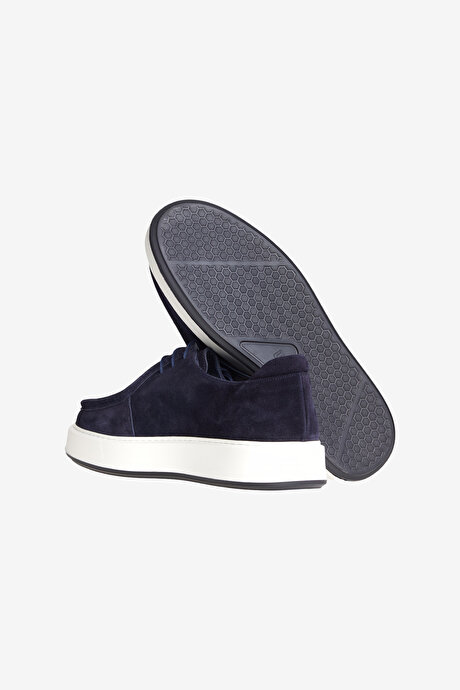 %100 Deri Rahat Taban Spor Sneaker Lacivert Ayakkabı resmi
