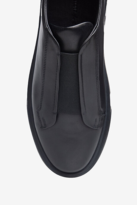 %100 Deri Rahat Taban Esnek Sneaker Siyah Ayakkabı resmi