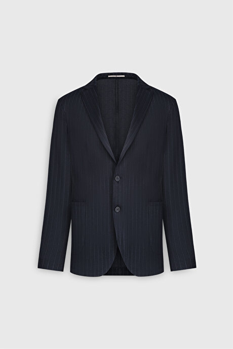 Slim Fit Dar Kesim Mono Yaka Çizgili Torba Cepli Lacivert-Gri Takım Elbise resmi
