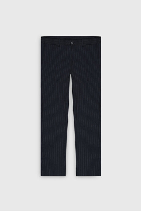 Slim Fit Dar Kesim Mono Yaka Çizgili Torba Cepli Lacivert-Gri Takım Elbise resmi