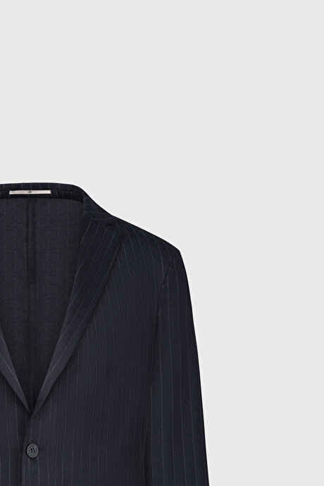 Slim Fit Dar Kesim Mono Yaka Çizgili Torba Cepli Lacivert-Gri Takım Elbise resmi