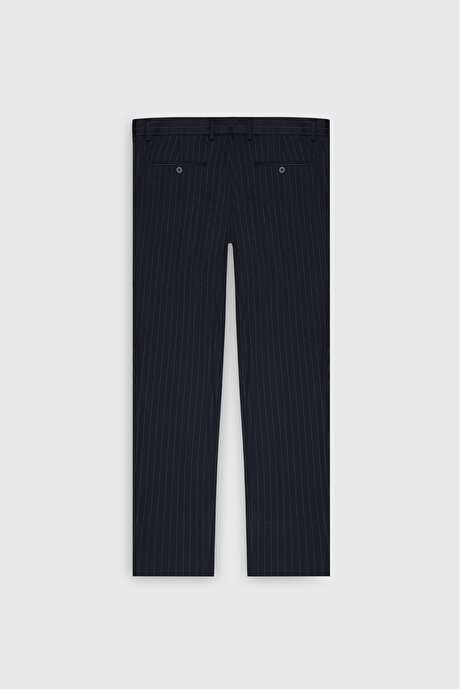 Slim Fit Dar Kesim Mono Yaka Çizgili Torba Cepli Lacivert-Gri Takım Elbise resmi