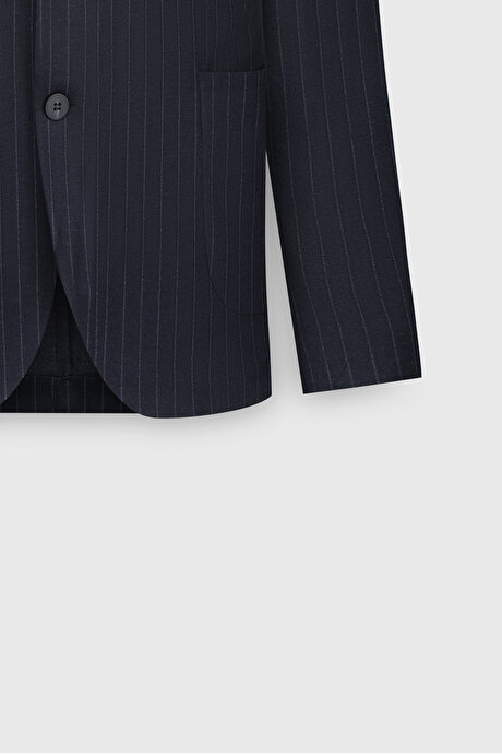 Slim Fit Dar Kesim Mono Yaka Çizgili Torba Cepli Lacivert-Gri Takım Elbise resmi
