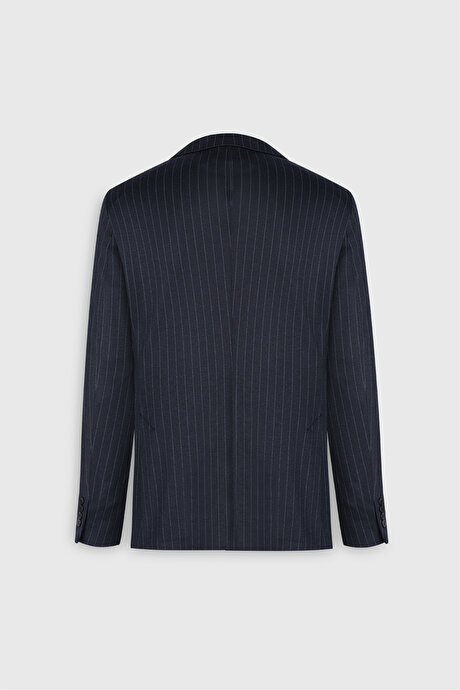 Slim Fit Dar Kesim Mono Yaka Çizgili Torba Cepli Lacivert-Gri Takım Elbise resmi