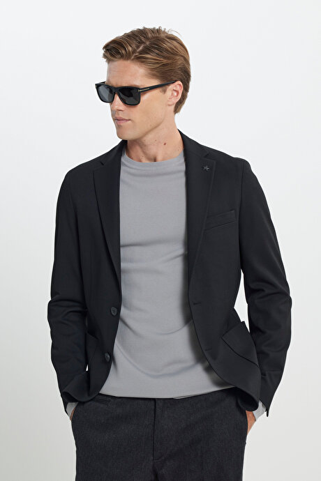 Slim Fit Dar Kesim Mono Yaka Beli Bağlamalı Diagonal Desenli Torba Cepli Siyah Takım Elbise resmi