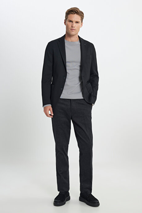 Slim Fit Dar Kesim Mono Yaka Beli Bağlamalı Diagonal Desenli Torba Cepli Siyah Takım Elbise resmi