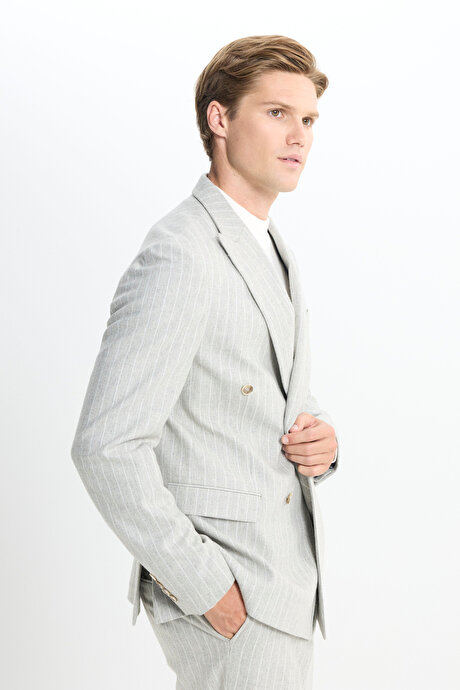 Yünlü Slim Fit Dar Kesim Kırlangıç Yaka Çizgili Kapak Cepli Açık Gri Takım Elbise resmi