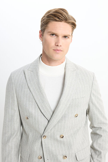 Yünlü Slim Fit Dar Kesim Kırlangıç Yaka Çizgili Kapak Cepli Açık Gri Takım Elbise resmi