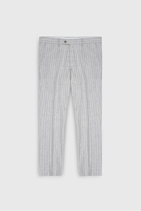 Yünlü Slim Fit Dar Kesim Kırlangıç Yaka Çizgili Kapak Cepli Açık Gri Takım Elbise resmi