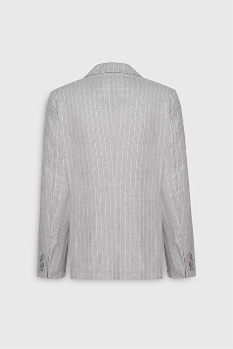 Yünlü Slim Fit Dar Kesim Kırlangıç Yaka Çizgili Kapak Cepli Açık Gri Takım Elbise resmi