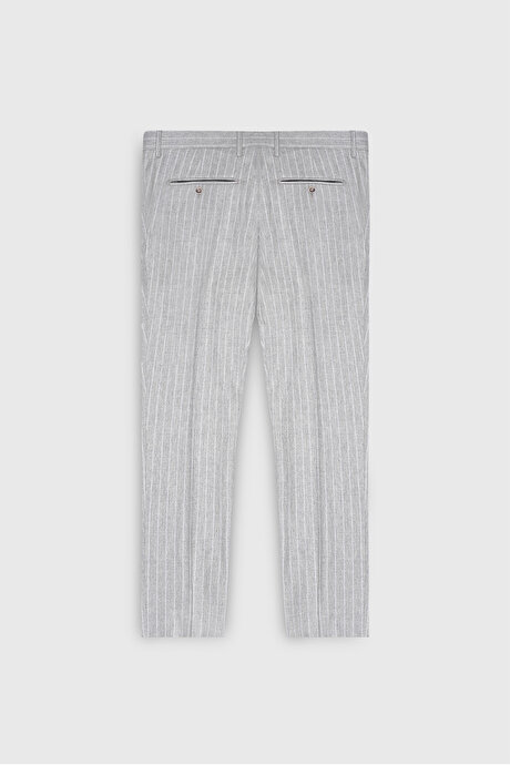 Yünlü Slim Fit Dar Kesim Kırlangıç Yaka Çizgili Kapak Cepli Açık Gri Takım Elbise resmi