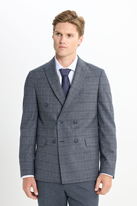 Slim Fit Dar Kesim Kırlangıç Yaka Kareli Kapak Cepli Esnek Koyu Gri Takım Elbise resmi