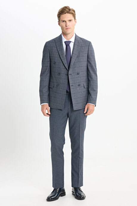 Slim Fit Dar Kesim Kırlangıç Yaka Kareli Kapak Cepli Esnek Koyu Gri Takım Elbise resmi