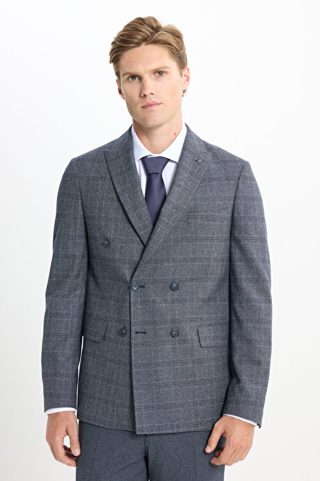 Slim Fit Dar Kesim Kırlangıç Yaka Kareli Kapak Cepli Esnek Koyu Gri Takım Elbise resmi
