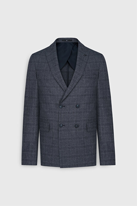 Slim Fit Dar Kesim Kırlangıç Yaka Kareli Kapak Cepli Esnek Koyu Gri Takım Elbise resmi