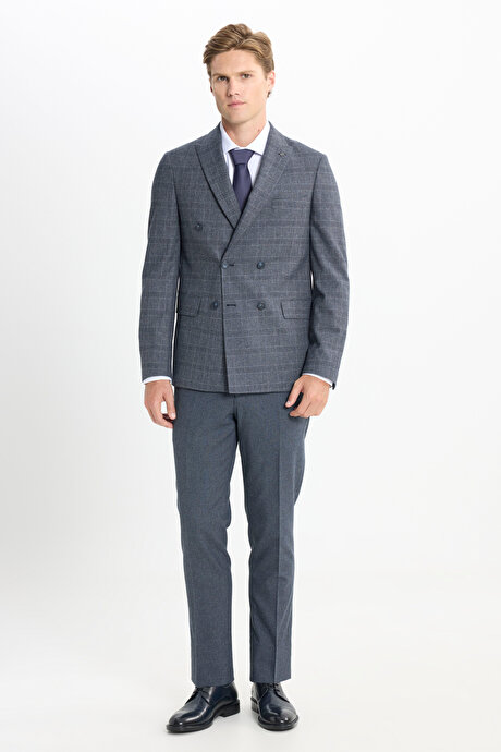 Slim Fit Dar Kesim Kırlangıç Yaka Kareli Kapak Cepli Esnek Koyu Gri Takım Elbise resmi