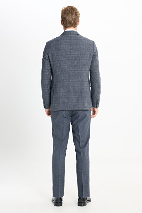 Slim Fit Dar Kesim Kırlangıç Yaka Kareli Kapak Cepli Esnek Koyu Gri Takım Elbise resmi