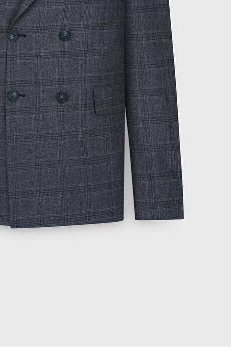 Slim Fit Dar Kesim Kırlangıç Yaka Kareli Kapak Cepli Esnek Koyu Gri Takım Elbise resmi