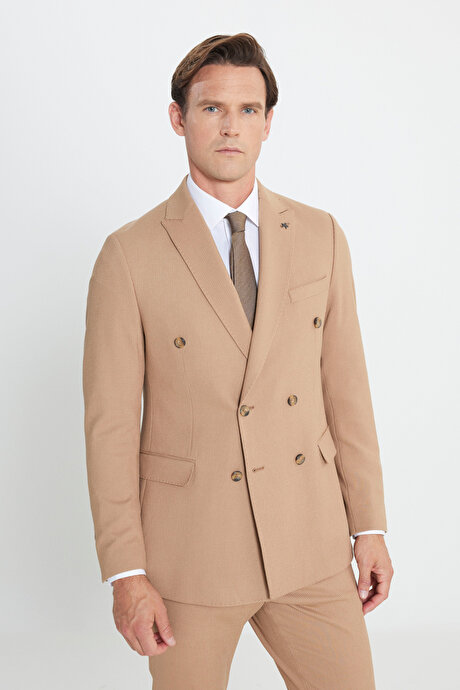 Slim Fit Dar Kesim Kırlangıç Yaka Beli Bağlamalı Çizgili Esnek Kruvaze Camel Takım Elbise resmi