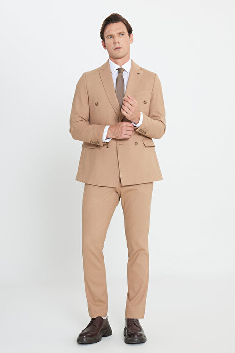 Slim Fit Dar Kesim Kırlangıç Yaka Beli Bağlamalı Çizgili Esnek Kruvaze Camel Takım Elbise resmi