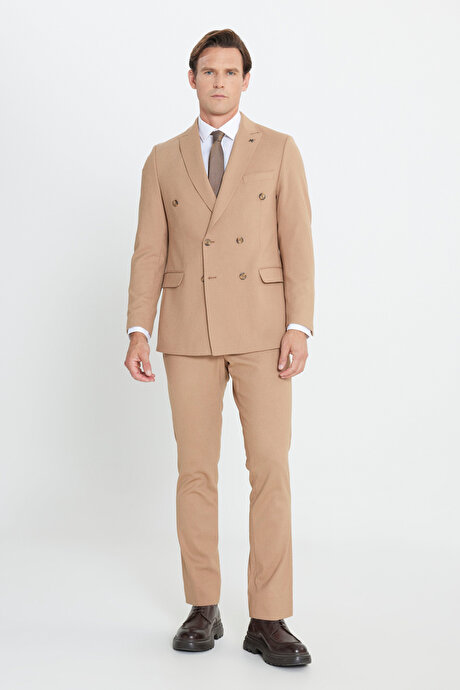 Slim Fit Dar Kesim Kırlangıç Yaka Beli Bağlamalı Çizgili Esnek Kruvaze Camel Takım Elbise resmi