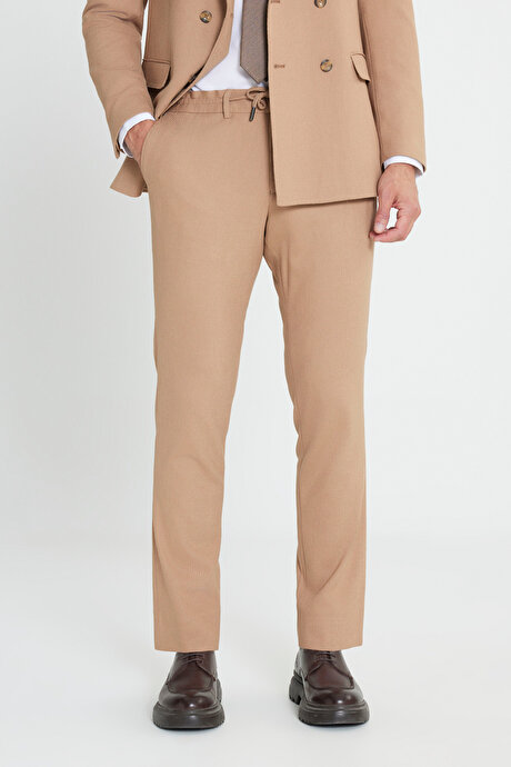 Slim Fit Dar Kesim Kırlangıç Yaka Beli Bağlamalı Çizgili Esnek Kruvaze Camel Takım Elbise resmi