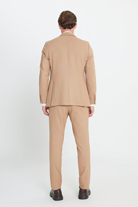 Slim Fit Dar Kesim Kırlangıç Yaka Beli Bağlamalı Çizgili Esnek Kruvaze Camel Takım Elbise resmi