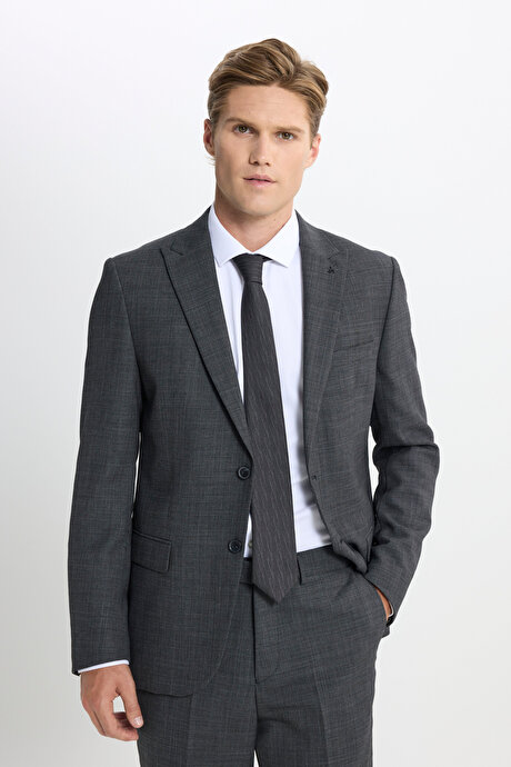 Taşınabilir Torbalı Slim Fit Mono Yaka Desenli Antrasit Takım Elbise resmi