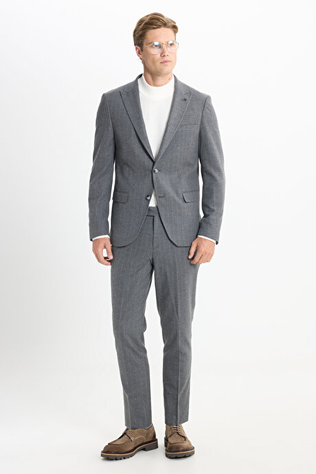 Slim Fit Dar Kesim Kırlangıç Yaka Çizgili Kapak Cepli Esnek Koyu Gri Takım Elbise resmi