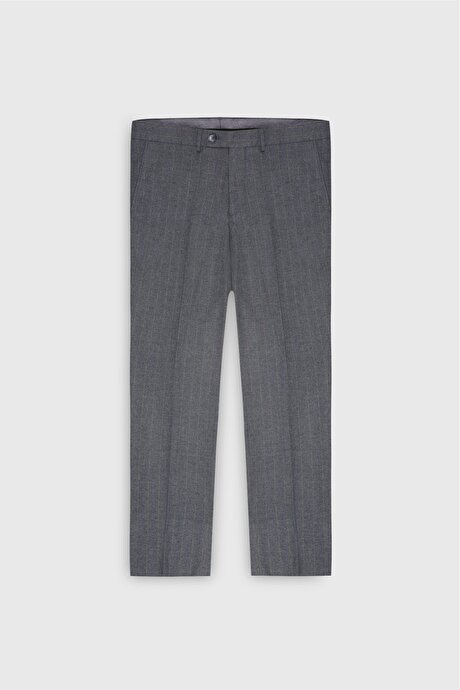 Slim Fit Dar Kesim Kırlangıç Yaka Çizgili Kapak Cepli Esnek Koyu Gri Takım Elbise resmi