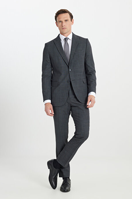 Yünlü Cordura Kumaş Slim Fit Dar Kesim Kırlangıç Yaka Desenli Kapak Cepli Antrasit Takım Elbise resmi