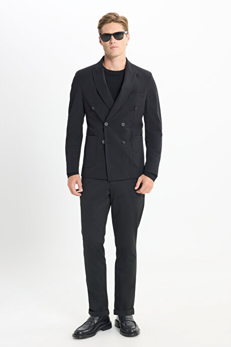 Slim Fit Dar Kesim Kırlangıç Yaka Torba Cepli Esnek Siyah Takım Elbise resmi
