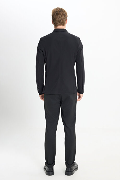 Slim Fit Dar Kesim Kırlangıç Yaka Torba Cepli Esnek Siyah Takım Elbise resmi