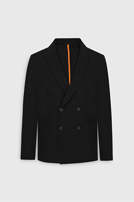 Slim Fit Dar Kesim Kırlangıç Yaka Torba Cepli Esnek Siyah Takım Elbise resmi