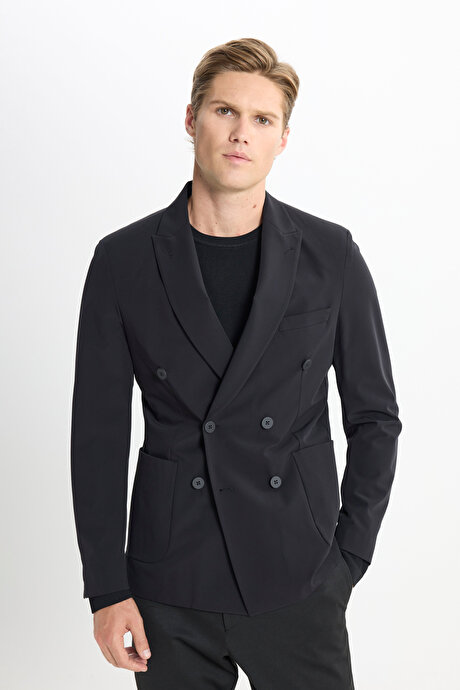 Slim Fit Dar Kesim Kırlangıç Yaka Torba Cepli Esnek Siyah Takım Elbise resmi