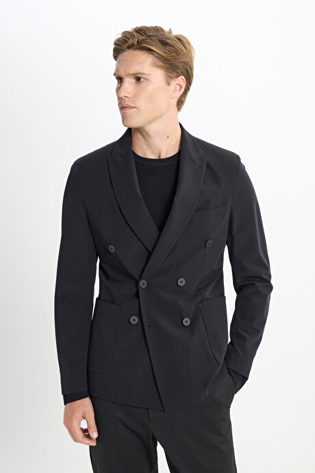 Slim Fit Dar Kesim Kırlangıç Yaka Torba Cepli Esnek Siyah Takım Elbise resmi