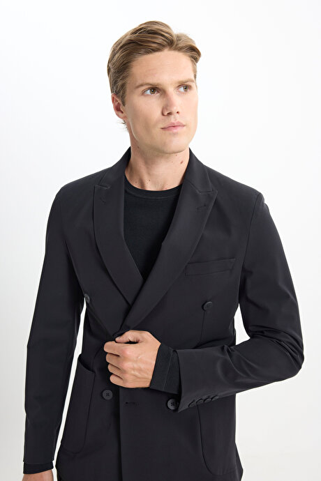 Slim Fit Dar Kesim Kırlangıç Yaka Torba Cepli Esnek Siyah Takım Elbise resmi