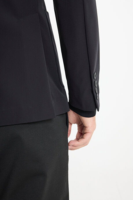 Slim Fit Dar Kesim Kırlangıç Yaka Torba Cepli Esnek Siyah Takım Elbise resmi