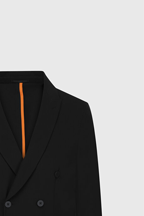 Slim Fit Dar Kesim Kırlangıç Yaka Torba Cepli Esnek Siyah Takım Elbise resmi