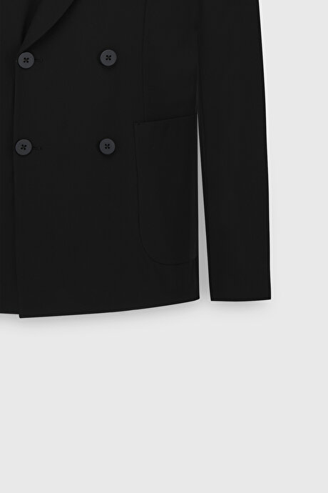 Slim Fit Dar Kesim Kırlangıç Yaka Torba Cepli Esnek Siyah Takım Elbise resmi