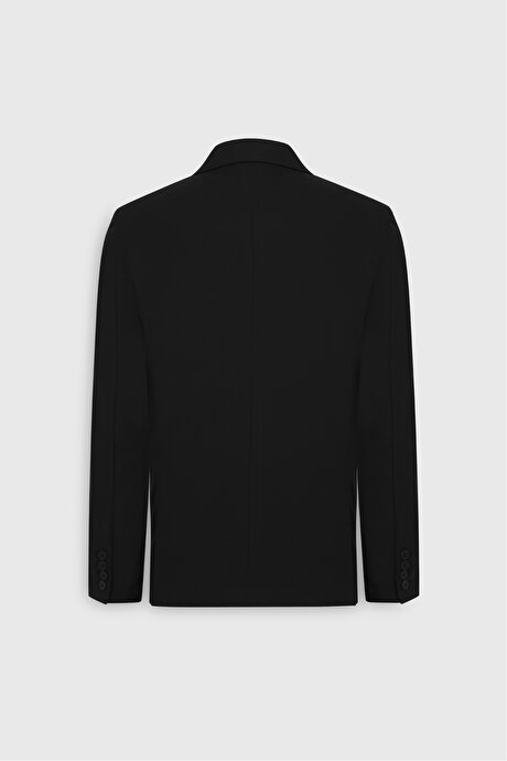 Slim Fit Dar Kesim Kırlangıç Yaka Torba Cepli Esnek Siyah Takım Elbise resmi