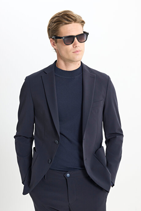 Slim Fit Dar Kesim Mono Yaka Torba Cepli Esnek Lacivert Takım Elbise resmi