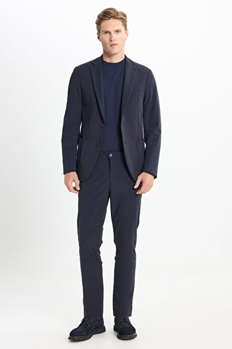 Slim Fit Dar Kesim Mono Yaka Torba Cepli Esnek Lacivert Takım Elbise resmi