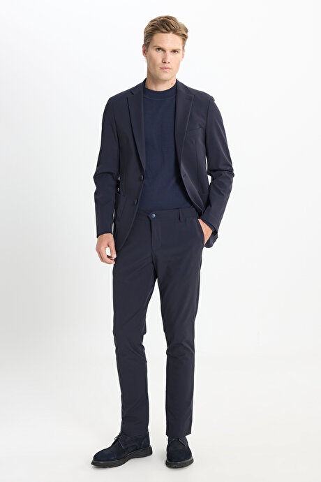 Slim Fit Dar Kesim Mono Yaka Torba Cepli Esnek Lacivert Takım Elbise resmi