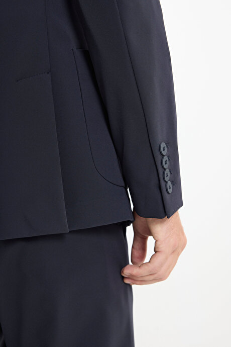 Slim Fit Dar Kesim Mono Yaka Torba Cepli Esnek Lacivert Takım Elbise resmi