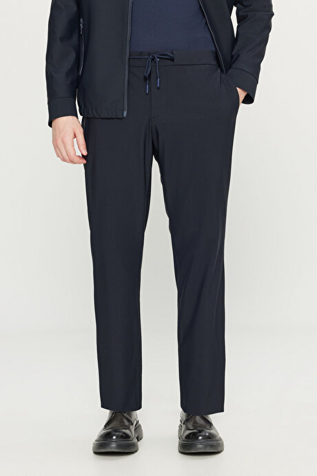 Relax Fit Rahat Kesim Beli Lastikli Yan Cepli Takım Elbise Lacivert Pantolon resmi