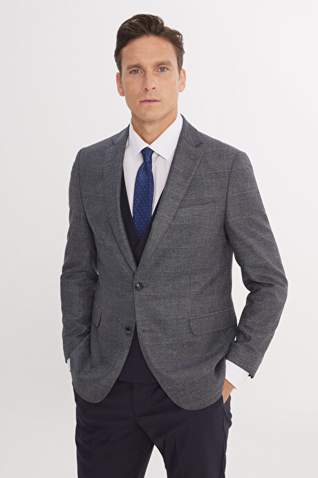 Slim Fit Dar Kesim Mono Yaka Kareli Kapak Cepli Yelekli Koyu Lacivert-Beyaz Yelekli Takım Elbise resmi
