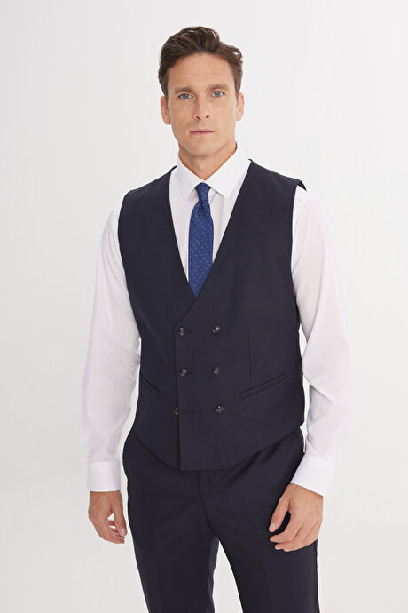 Slim Fit Dar Kesim Mono Yaka Kareli Kapak Cepli Yelekli Koyu Lacivert-Beyaz Yelekli Takım Elbise resmi