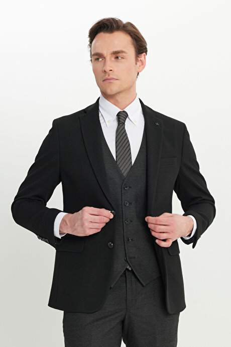 Slim Fit Dar Kesim Mono Yaka Balıksırtı Desenli Kapak Cepli Yelekli Siyah-Antrasit Yelekli Takım Elbise resmi